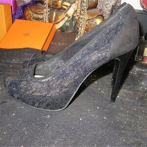 Guess Black Leather & Lace Mesh Platform Stiletto Pumps sz 9.5